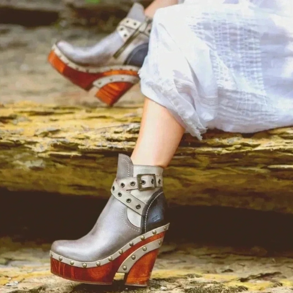 Bed Stu Adore Gray and Brown Heeled Booties